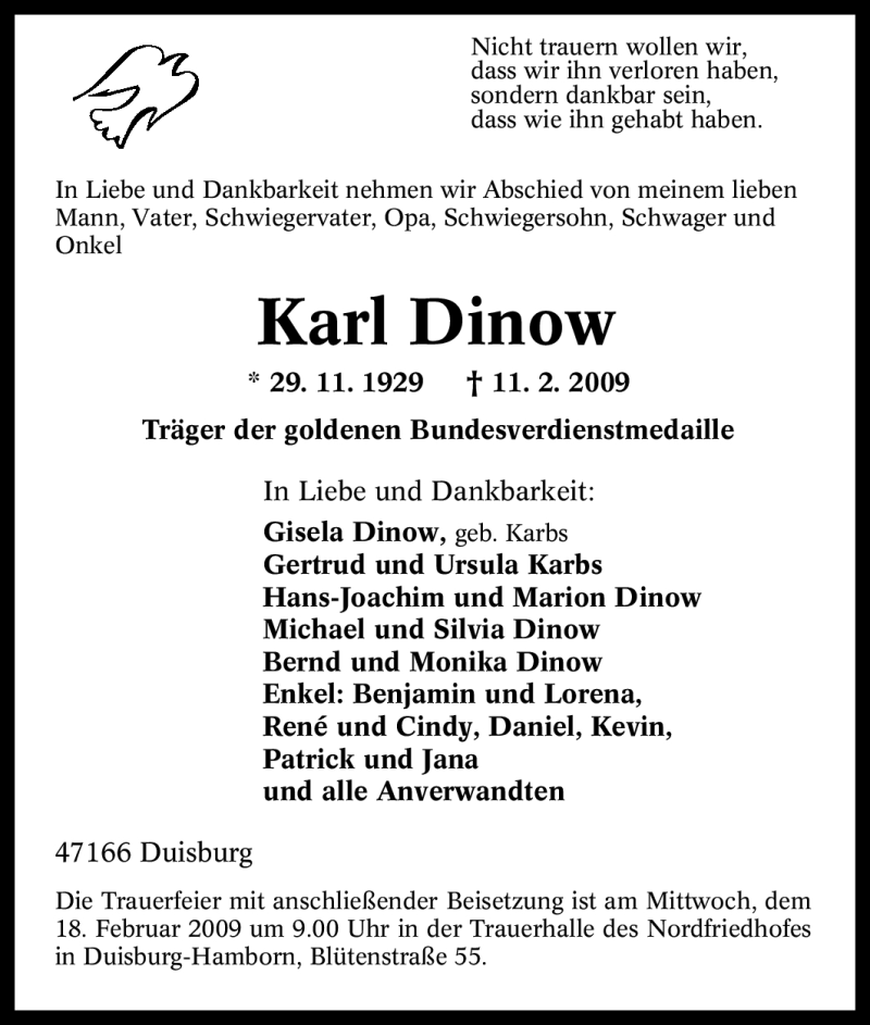  Traueranzeige für Karl Dinow vom 14.02.2009 aus Tageszeitung