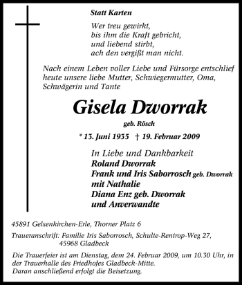 Traueranzeige von Gisela Dworrak von Tageszeitung