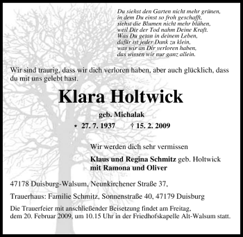 Traueranzeige von Klara Holtwick von Tageszeitung