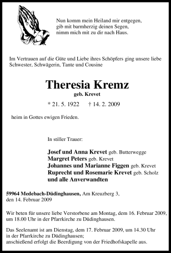 Traueranzeige von Theresia Kremz von Tageszeitung