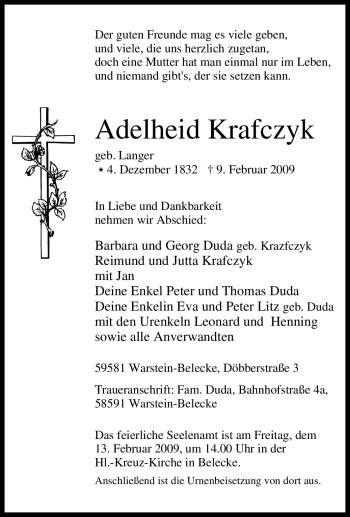 Traueranzeige von Adelheid Krafczyk von Tageszeitung