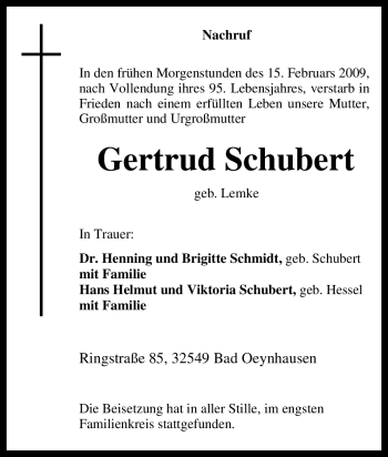 Traueranzeige von Gertrud Schubert von Tageszeitung