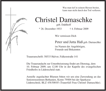 Traueranzeige von Christel Damaschke von Tageszeitung