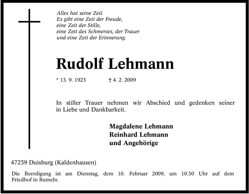 Traueranzeigen von Rudolf Lehmann TrauerinNRW.de