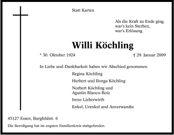 Traueranzeige von Willi Köchling von Tageszeitung