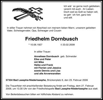 Traueranzeige von Friedhelm Dornbusch von Tageszeitung