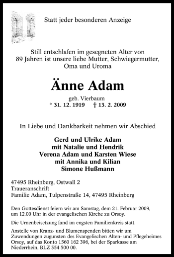 Traueranzeige von Änne Adam von Tageszeitung