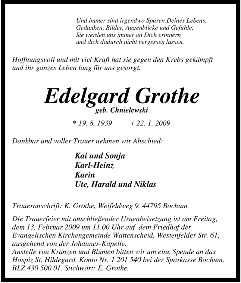 Traueranzeigen von Edelgard Grothe TrauerinNRW.de