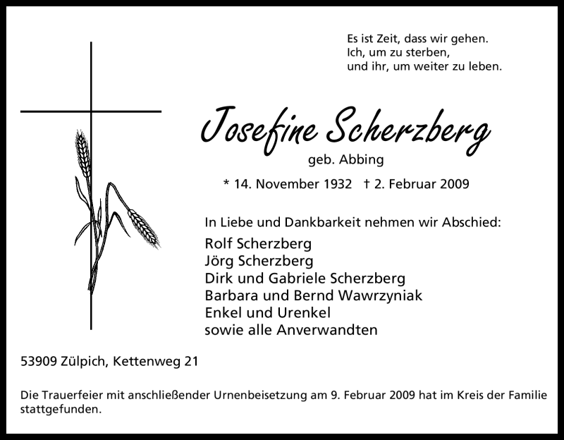  Traueranzeige für Josefine Scherzberg vom 10.02.2009 aus Tageszeitung