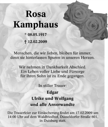 Traueranzeige von Rosa Kamphaus von Tageszeitung