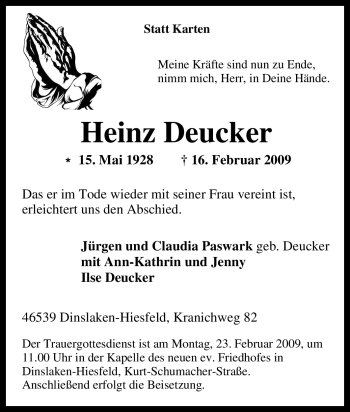 Traueranzeige von Heinz Deucker von Tageszeitung