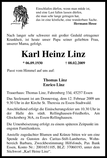 Traueranzeige von Karl Heinz Linz von Tageszeitung