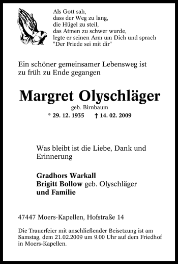 Traueranzeige von Margret Olyschläger von Tageszeitung