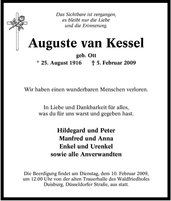 Traueranzeige von Auguste van Kessel von Tageszeitung