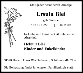 Traueranzeige von Ursula Blei von Tageszeitung