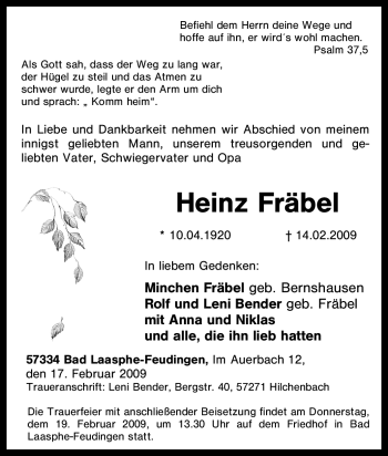 Traueranzeige von Heinz Fräbel von Tageszeitung