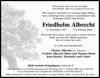 Traueranzeige von Friedhelm Albrecht von Tageszeitung