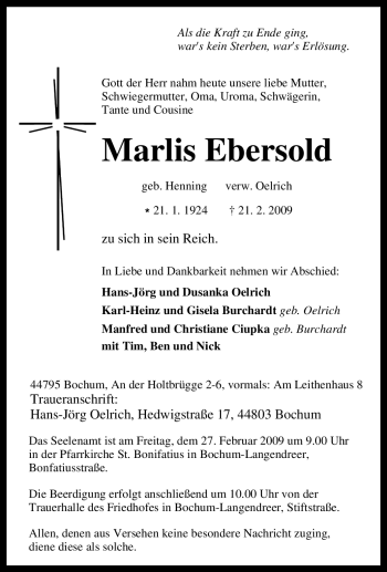 Traueranzeige von Marlis Ebersold von Tageszeitung