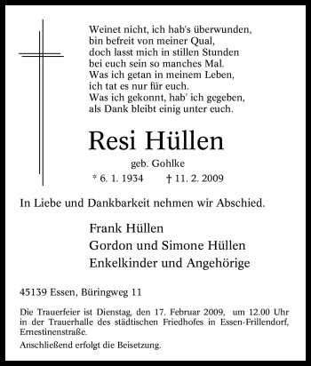 Traueranzeige von Resi Hüllen von Tageszeitung