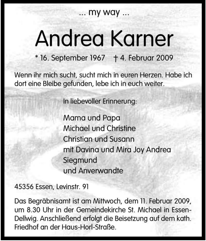  Traueranzeige für Andrea Karner vom 07.02.2009 aus Tageszeitung