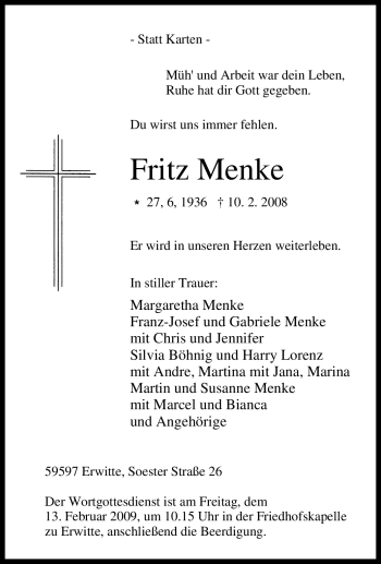 Traueranzeige von Fritz Menke von Tageszeitung