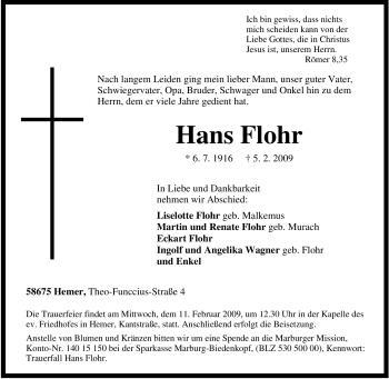 Traueranzeige von Hans Flohr von Tageszeitung