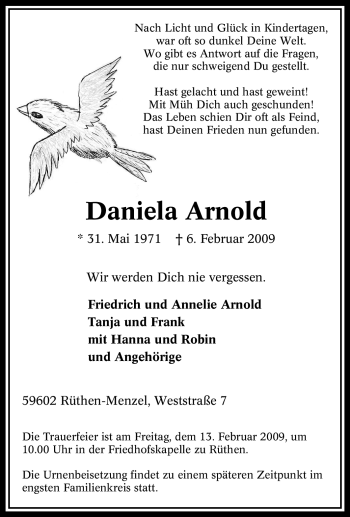 Traueranzeige von Daniela Arnold von Tageszeitung