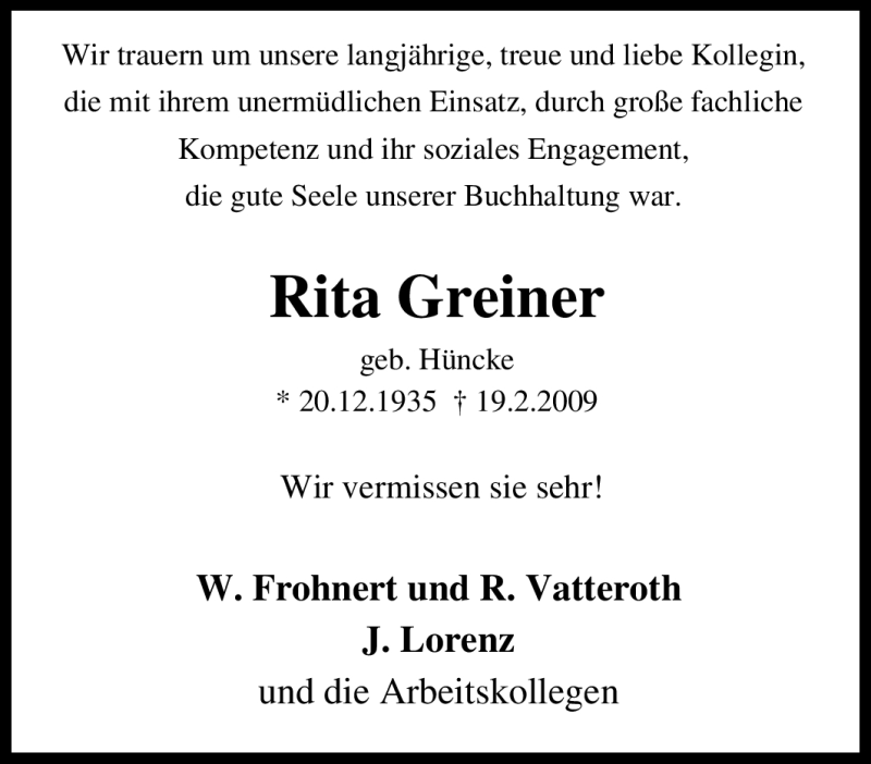  Traueranzeige für Rita Greiner vom 25.02.2009 aus Tageszeitung