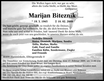 Traueranzeige von Marijan Biteznik von Tageszeitung