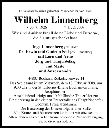 Traueranzeige von Wilhelm Linnenberg von Tageszeitung