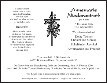 Traueranzeige von Annemarie Niederastroth von Tageszeitung