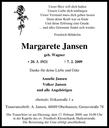 Traueranzeige von Margarete Jansen von Tageszeitung