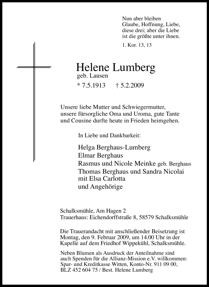  Traueranzeige für Helene Lumberg vom 07.02.2009 aus Tageszeitung