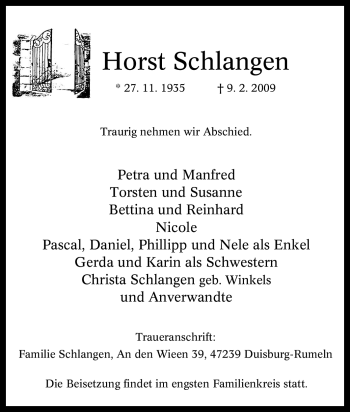 Traueranzeige von Horst Schlangen von Tageszeitung