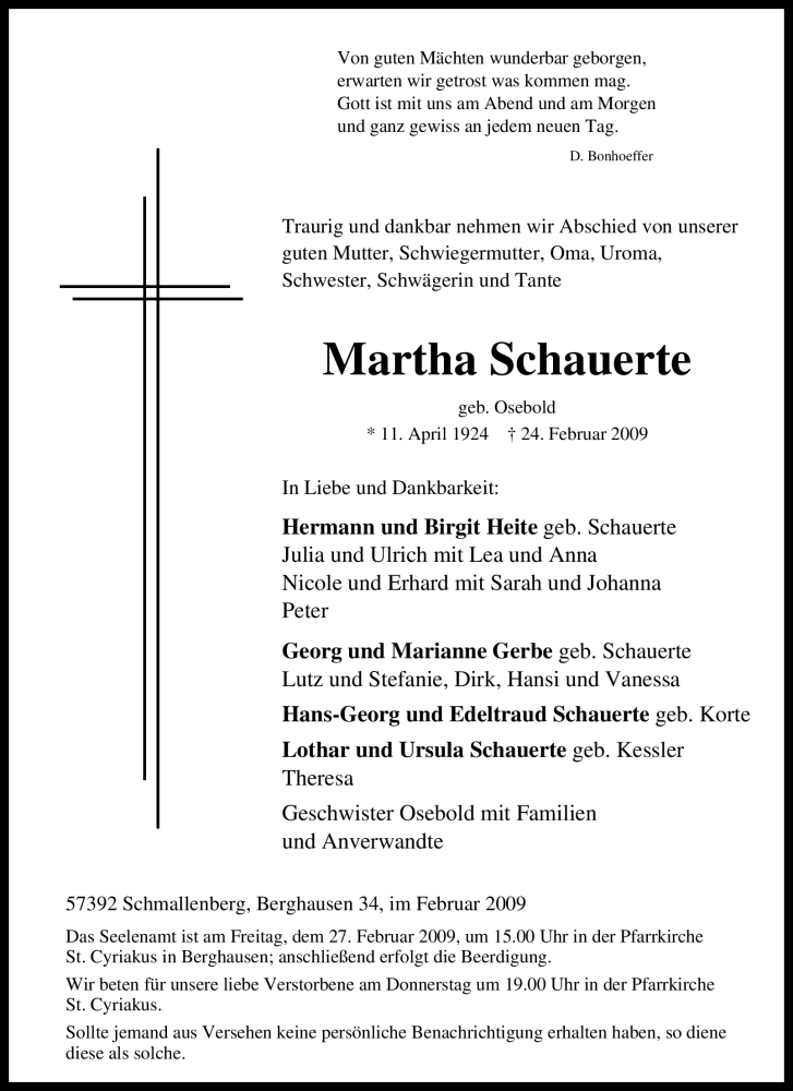  Traueranzeige für Martha Schauerte vom 25.02.2009 aus Tageszeitung