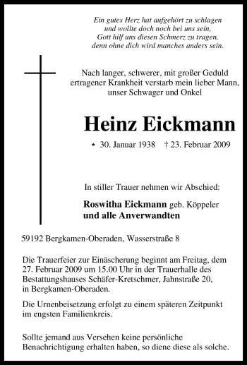 Traueranzeige von Heinz Eickmann von Tageszeitung