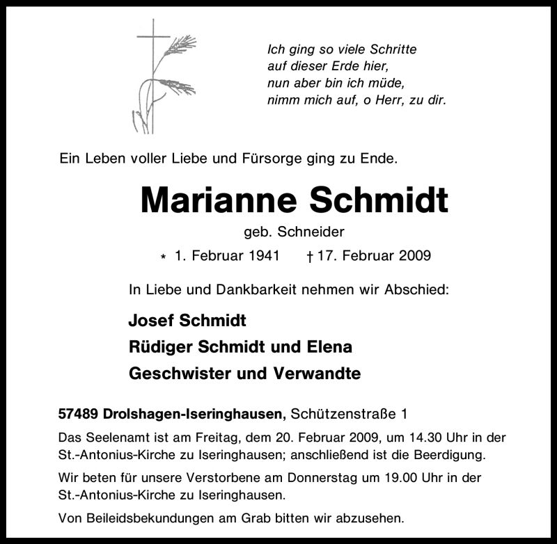  Traueranzeige für Marianne Schmidt vom 19.02.2009 aus Tageszeitung