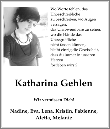 Traueranzeige von Katharina Gehlen von Tageszeitung