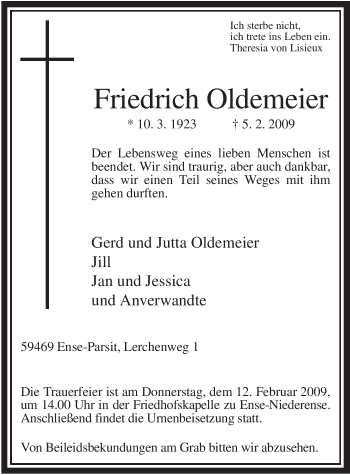 Traueranzeige von Friedrich Oldemeier von Tageszeitung