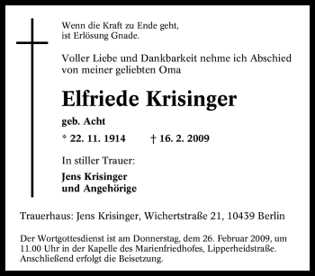 Traueranzeige von Elfriede Krisinger von Tageszeitung