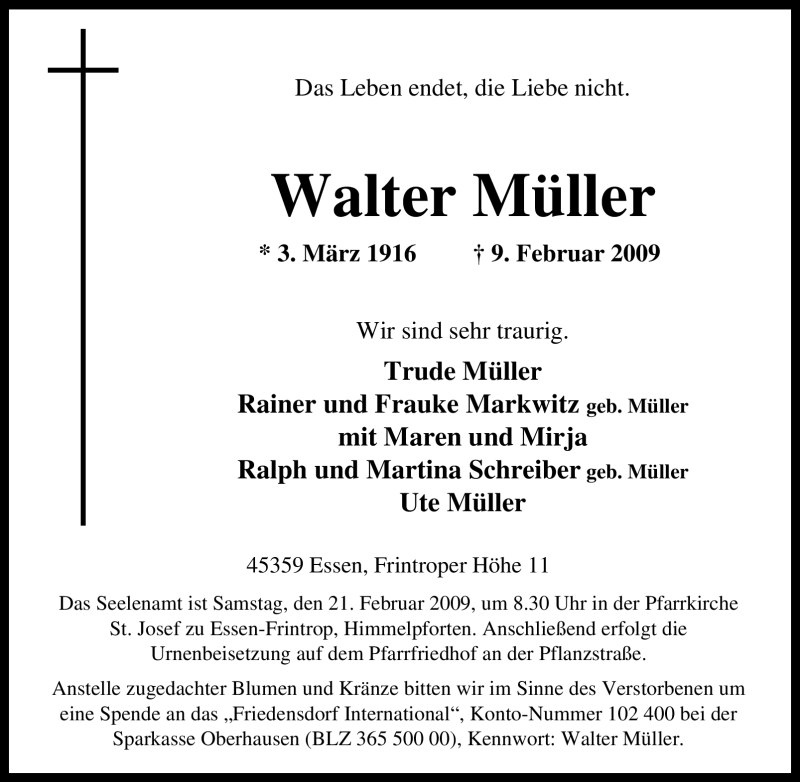  Traueranzeige für Walter Müller vom 19.02.2009 aus Tageszeitung