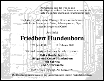 Traueranzeige von Friedbert Hundenborn von Tageszeitung