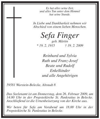 Traueranzeige von Sefa Finger von Tageszeitung