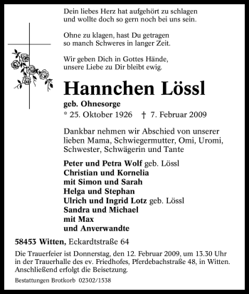 Traueranzeige von Hannchen Lössl von Tageszeitung