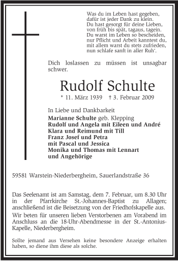Traueranzeige von Rudolf Schulte von Tageszeitung