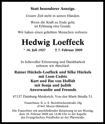 Traueranzeige von Hedwig Loeffeck von Tageszeitung