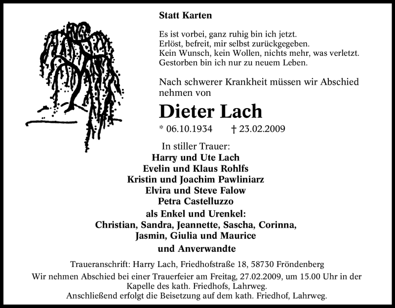  Traueranzeige für Dieter Lach vom 25.02.2009 aus Tageszeitung