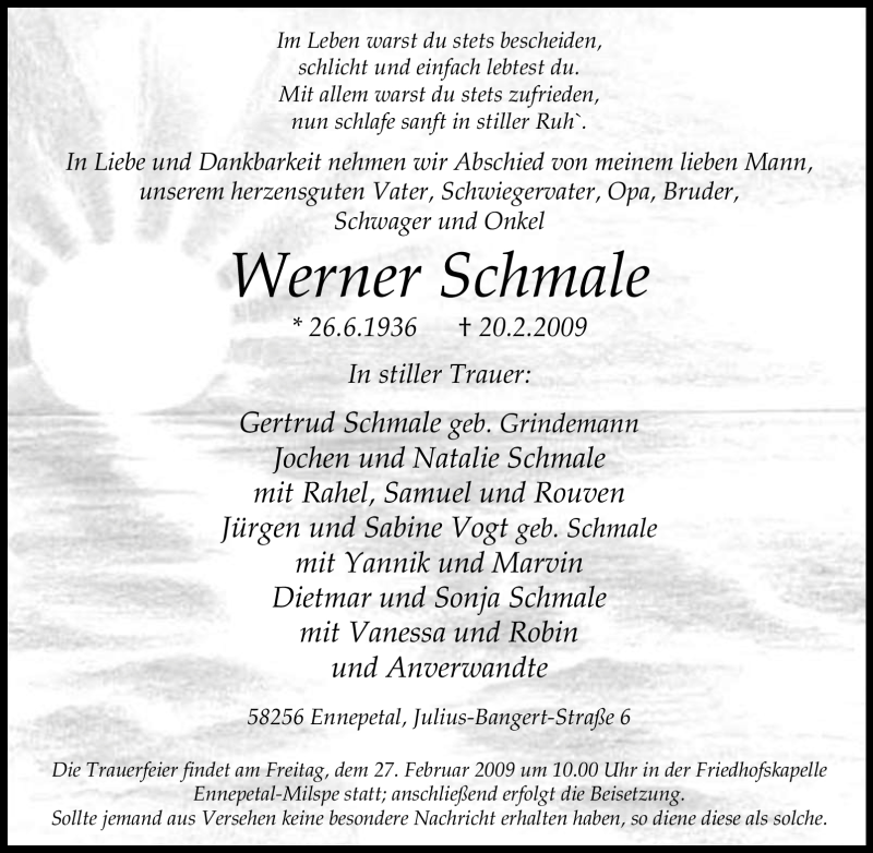 Traueranzeigen von Werner Schmale TrauerinNRW.de