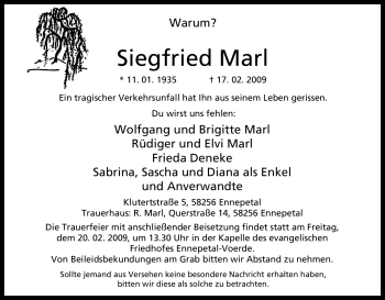 Traueranzeige von Siegfried Marl von Tageszeitung
