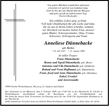 Traueranzeige von Anneliese Dünnebacke von Tageszeitung
